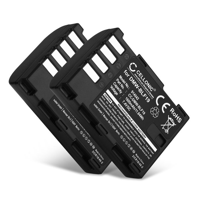 2x Batterij voor Panasonic Lumix DC-GH5, Lumix DMC-GH4, Lumix DMC-GH3, Lumix DMC-GH4R, DMW-BLF19 DMW-BLF19 DMW-BLF19E DMW-BLF19PP Accu (1600mAh, 7.4V) van CELLONIC