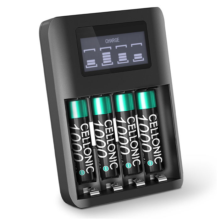 CELLONIC USB Batterijlader voor AA en AAA Batterijen met 4 Laadslots en Display, Batterij Opladers + 4x AAA Accu Batterijen 1000mAh