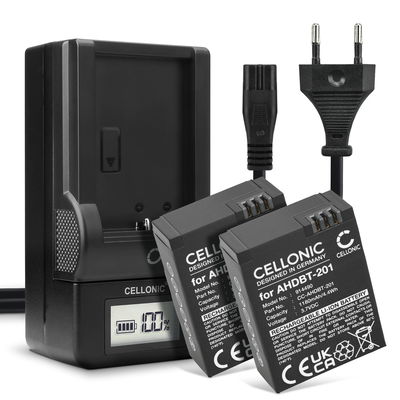 2 x 3.6V vervangende batterij AHDBT301, AHDBT-302 & oplader voor GoPro Hero, GoPro Hero 3 Black, Hero 3 Plus, Hero 3 Silver, Hero 3 White actioncam 1180mAh