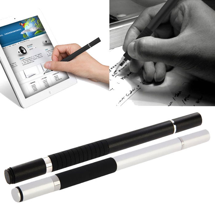 2x subtel Styluspen voor touchscreens - 2-in-1 pen voor beeldschermen voor een tablet, telefoon - Android touchscreen, met capacitieve tips / penpunten voor iPad, iPhone, Samsung, Kindle Fire - zwart zilver