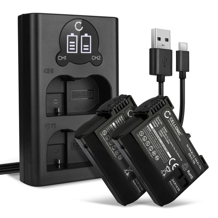 2x Nikon D810 Accu Batterij + Dubbele Oplader 2000mAh van CELLONIC