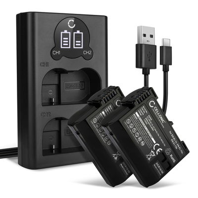 2x Batterij EN-EL15 + Dubbele Oplader voor Nikon D850 D750 1 V1 D7500 D7200 D800 D810 van CELLONIC