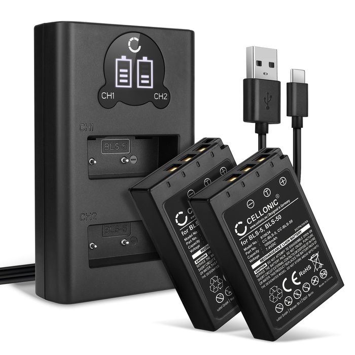 2x Olympus OM System OM-5 Accu Batterij + Dubbele Oplader 1000mAh van CELLONIC