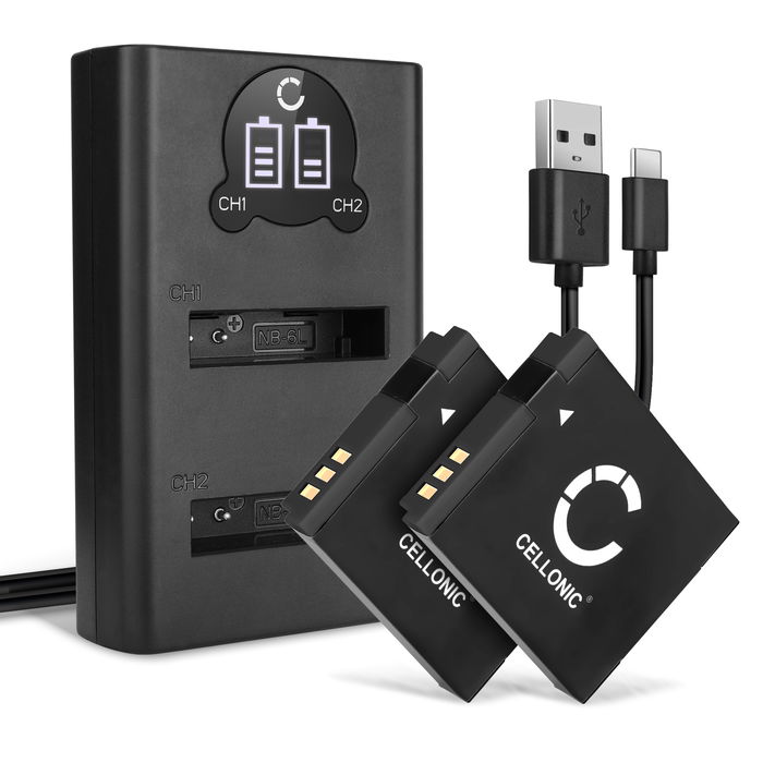 2x Canon Digital IXUS 85 IS Accu Batterij + Dubbele Oplader 1000mAh van CELLONIC