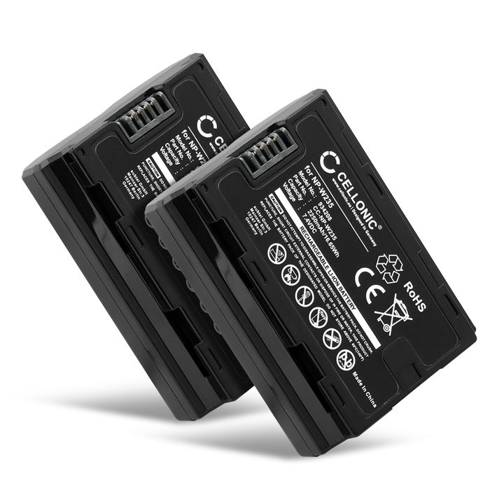 2x Batterij voor FujiFilm GFX100S, FujiFilm GFX 50S II, W235, Fuji NP-W235, FujiFilm X-T4 NP-W235 Accu (2250mAh, 7.2V) van CELLONIC