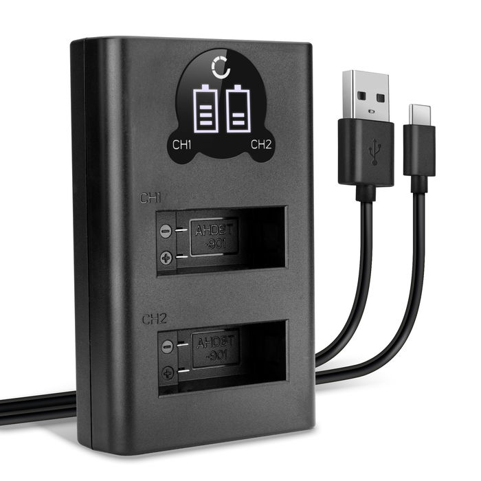 USB-dual lader (AHDBT-901) voor GoPro Hero 9, Hero 10, Hero 11 + 1m + USB Kabel van CELLONIC