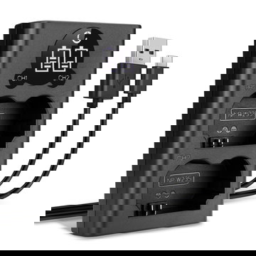 USB-dual lader (NP-W235) voor FujiFilm X-T4 / GFX 50S II / GFX100S / X-H2S + 1m + USB Kabel van CELLONIC