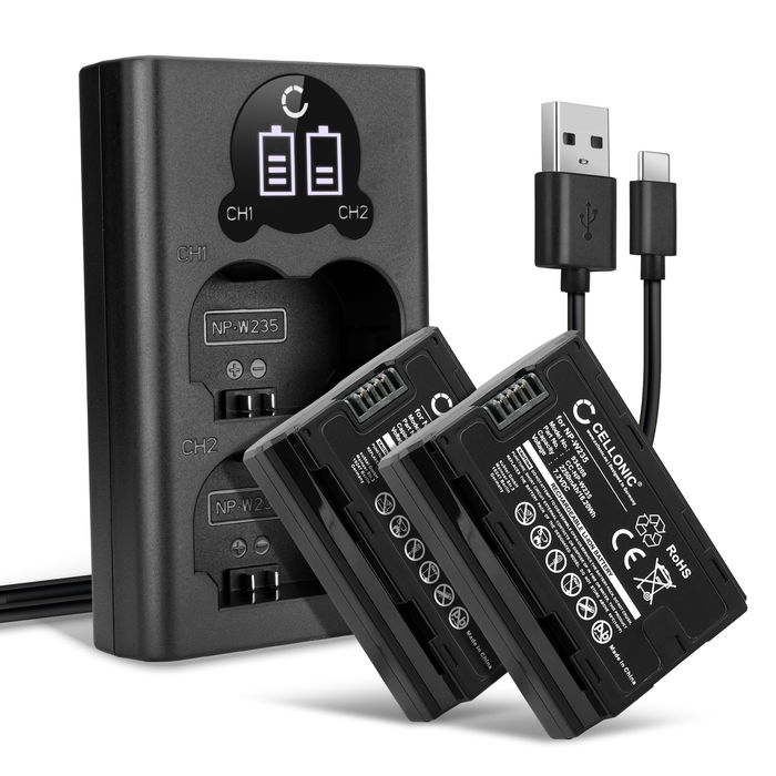 2x Camera batterij voor FujiFilm GFX100S, GFX 50S II, XT4, NPW235 - NP W235 Vervangende batterij 2250mAh + Dubbele Oplader NP W235 oplaadkabel, batterij reserve accu