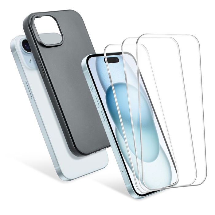 CELLONIC iPhone 15 Hoesje & 3x Schermbeschermer Set - 6.1" Telefoon Rugdekking & Beschermende Display Beschermer 0.33mm Ultra Dun 9H Gehard Glas - Zwart