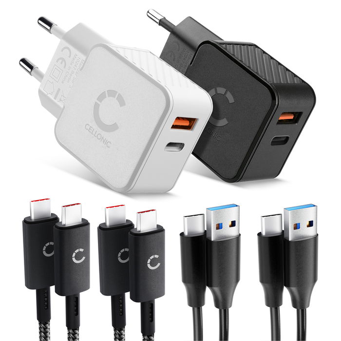 CELLONIC Reisset – 2x Dubbele Lader USB-C & USB + 4x Oplaadkabel voor Smartphone, Laptop, GPS, Tablet, Speaker, Smartwatch en meer – 2x 20W PD USB Snellader in Zwart en Wit