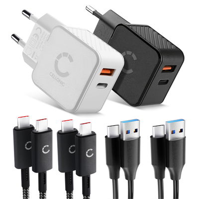CELLONIC Reisset – 2x Dubbele Lader USB-C & USB + 4x Oplaadkabel voor Smartphone, Laptop, GPS, Tablet, Speaker, Smartwatch en meer – 2x 20W PD USB Snellader in Zwart en Wit
