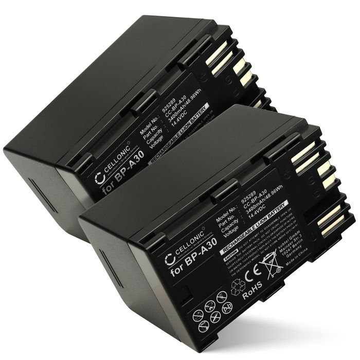 2x Batterij voor Canon XF605, EOS C300 Mark II, XF705, CA-CP200L, BP-A30, EOS C200B BP-A30 Accu (3400mAh, 14.4V) van CELLONIC