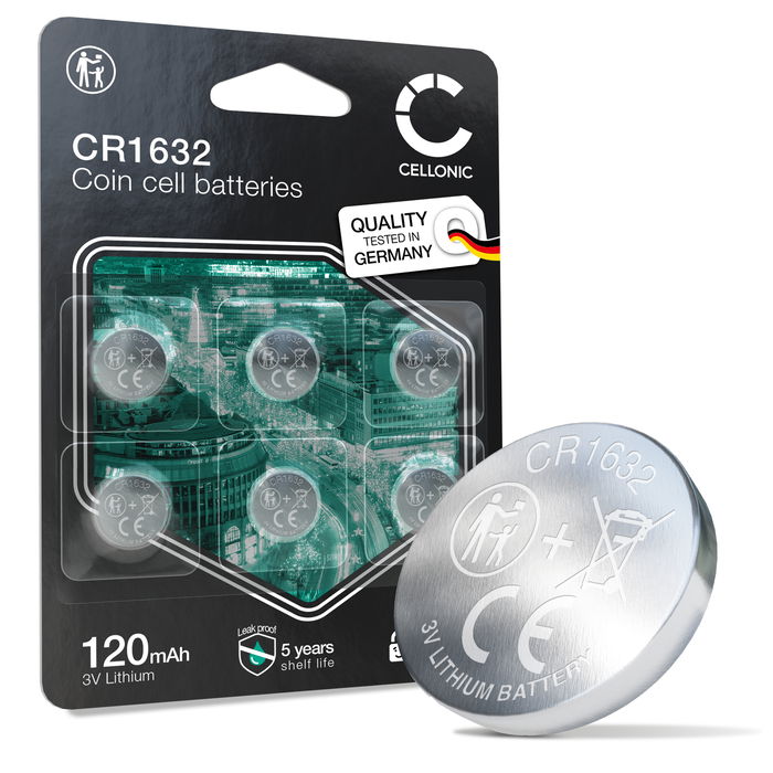 CELLONIC CR1632 Knoopcelbatterijen (Lithium, 120mAh, 3V) voor Autosleutels, LED-Apparaten, Fietscomputers – x6-Pack