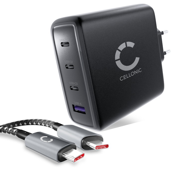 CELLONIC 140W GaN USB C Charger – 4-Port Multiport Adapter (3x USB-C, 1x USB-A) with Fast Charging PD, compatible with MacBook, iPhone, iPad, Samsung Galaxy, Laptop – compact & travel-friendly